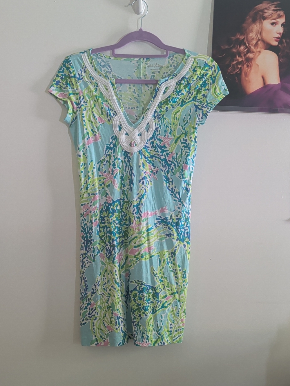Lilly Pulitzer Blue Heaven T Shirt Dress Seafoam, Lime & Navy Printed Beachy XS